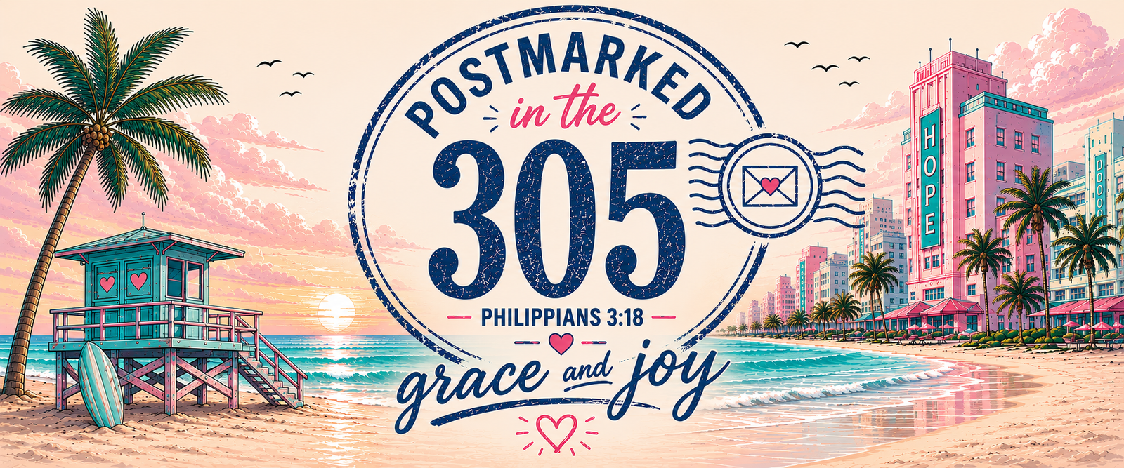 Opened kraft envelope spilling faith letters, prayer cards, journal and tropical stickers